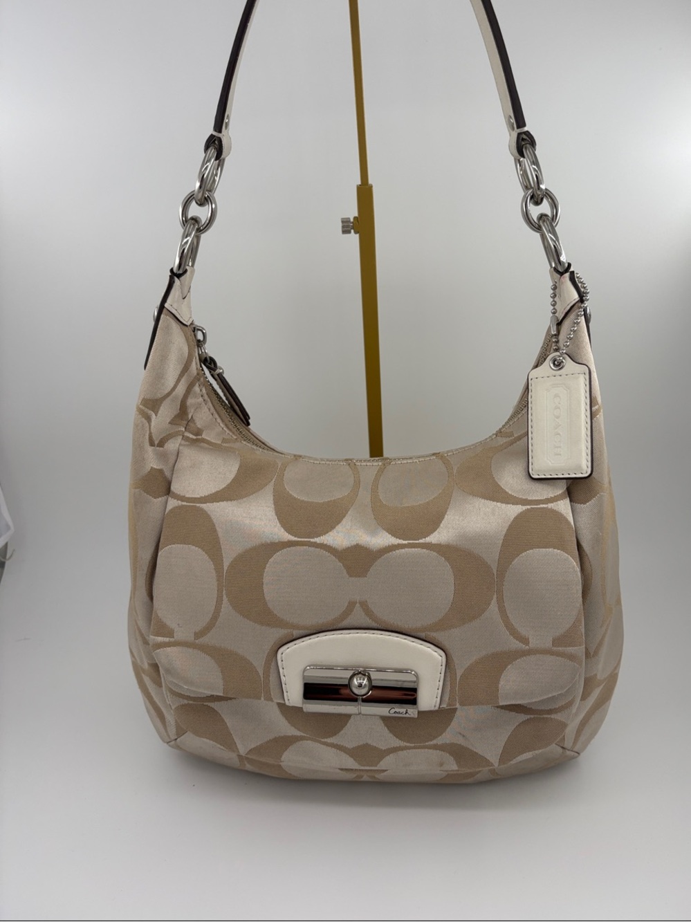 Coach Signature Hobo Shoulder Bag in Beige and Cream